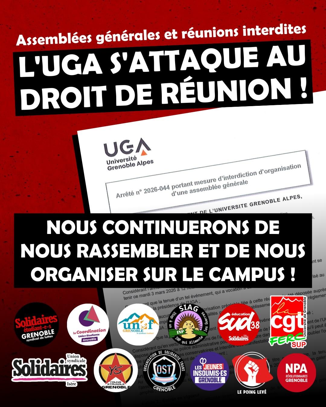 L&rsquo;UGA s&rsquo;attaque au droit de réunion